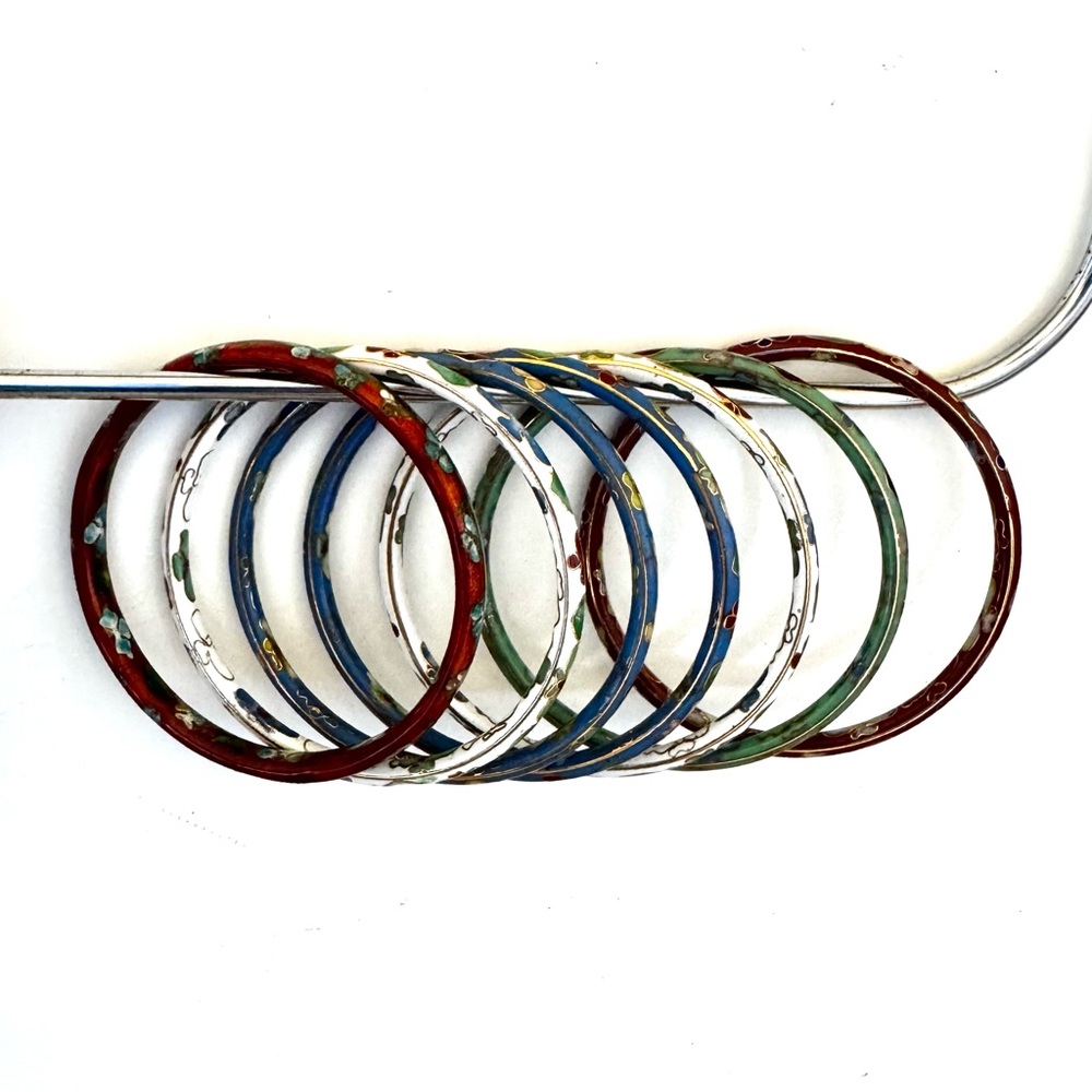 Vtg Set Of 7 Cloisonne Bangle Bracelets Asian Floral - Picture 9 of 10